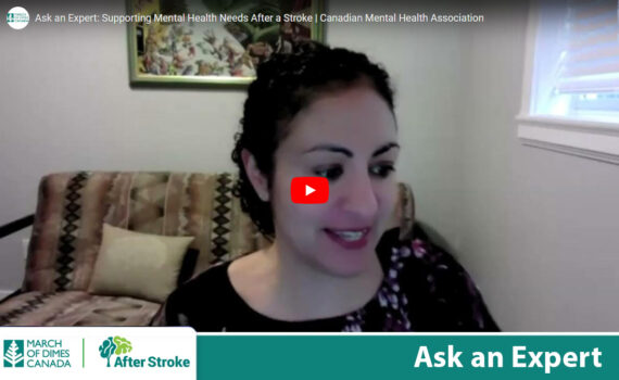 March of Dimes Canada | After Stroke logos. Ask an Expert. Close up of a woman in a living room talking