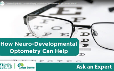 March of Dimes Canada | After Stroke logos. Text on an orange background: Ask an Expert: How Neuro-Developmental Optometry Can Help. Image of close-up of glasses sitting on an eye chart