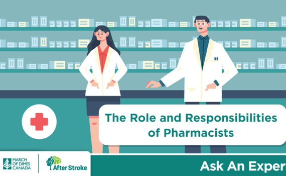 Illustration of two pharmacists. After Stroke logo in bottom-left corner. "The Role and Responsibilities of Pharmacists"