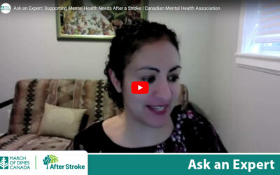 March of Dimes Canada | After Stroke logos. Ask an Expert. Close up of a woman in a living room talking